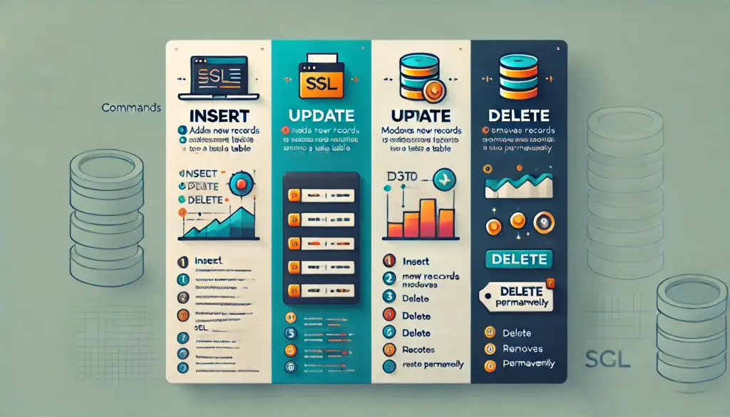 Table explaining INSERT, UPDATE, DELETE commands in SQL.