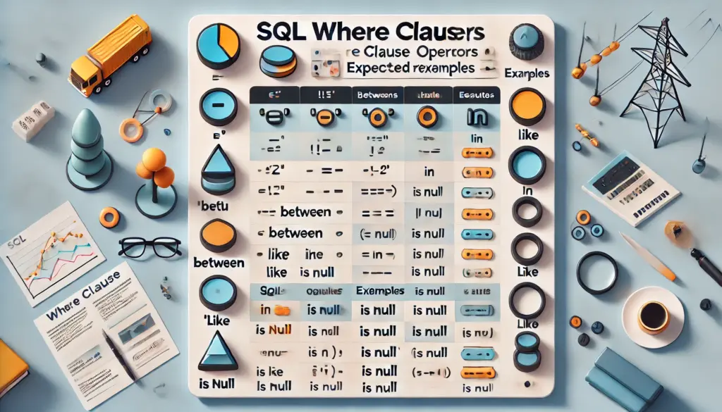 Table showing SQL WHERE clause operators with examples